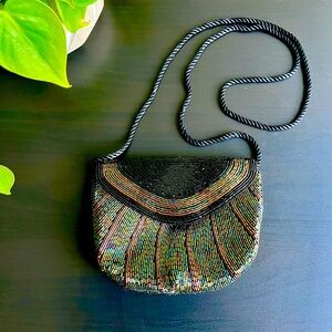 Vintage VTG Art Deco Black, Green and Copper Beaded Evening Crossbody Bag
